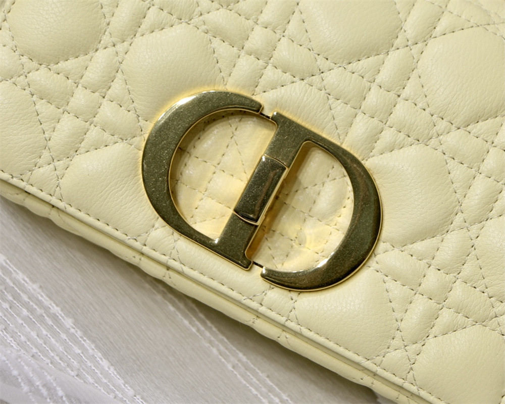 small d*or caro bag light yellow S*pple cannage calfskin 20 x 12 x 7 cm