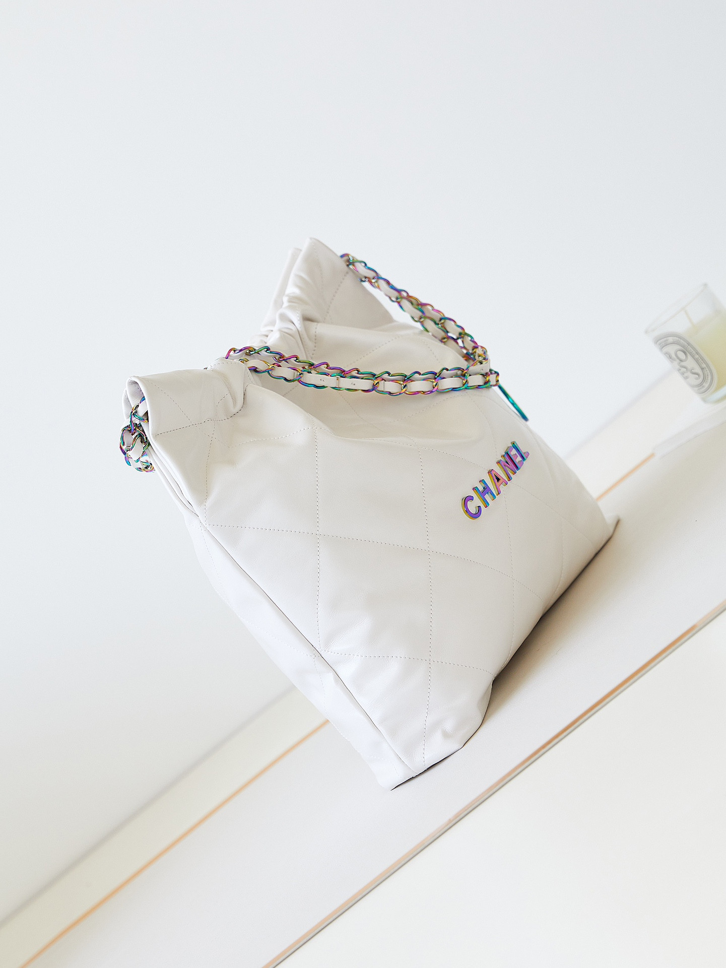 Ch*el 22 small handbag shiny calfskin & rainbow metal white 15.2×16.4×3.1 in