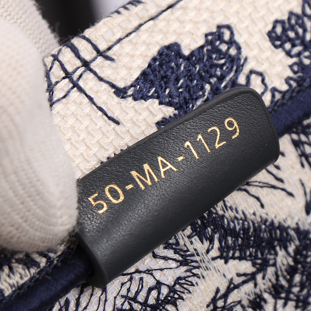 medium D*or book tote  ecru and blue toile de jouy embroidery 14 x 11 x 6.5 inches